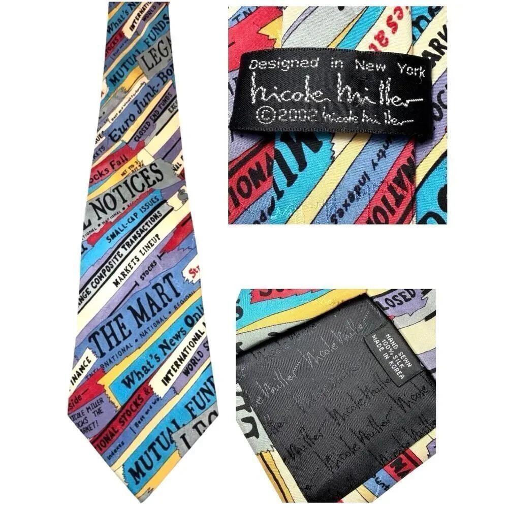Vtg 2002 Nicole Miller NASDAQ Novelty Tie Hand Sewn Silk Wall Street Stocks